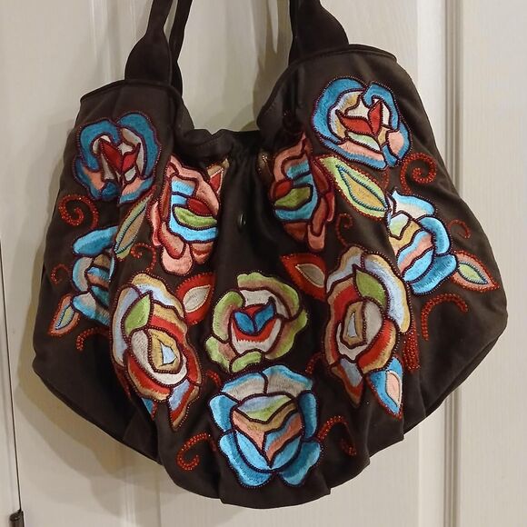 Tasha Polizzi Collection Large Brown Hobo Unique Embroidered & Beaded Flowers - Picture 2 of 8